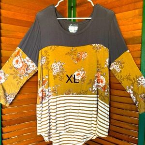 Floral Striped Women's Top - Mustard and Gray